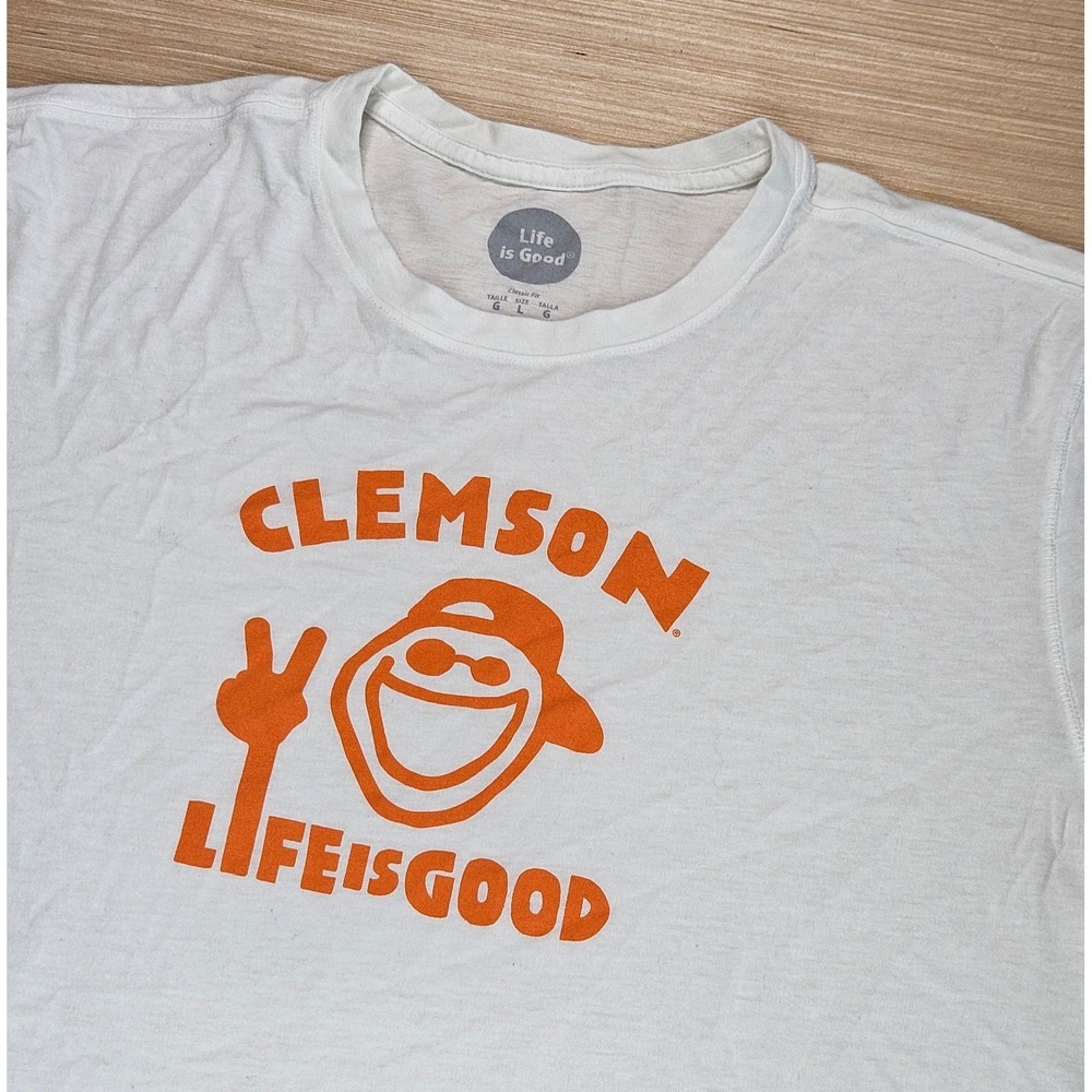 Clemson Tigers Life is Good T-Shirt Mens L White Graphic Peace Sign‎ Jake Tee